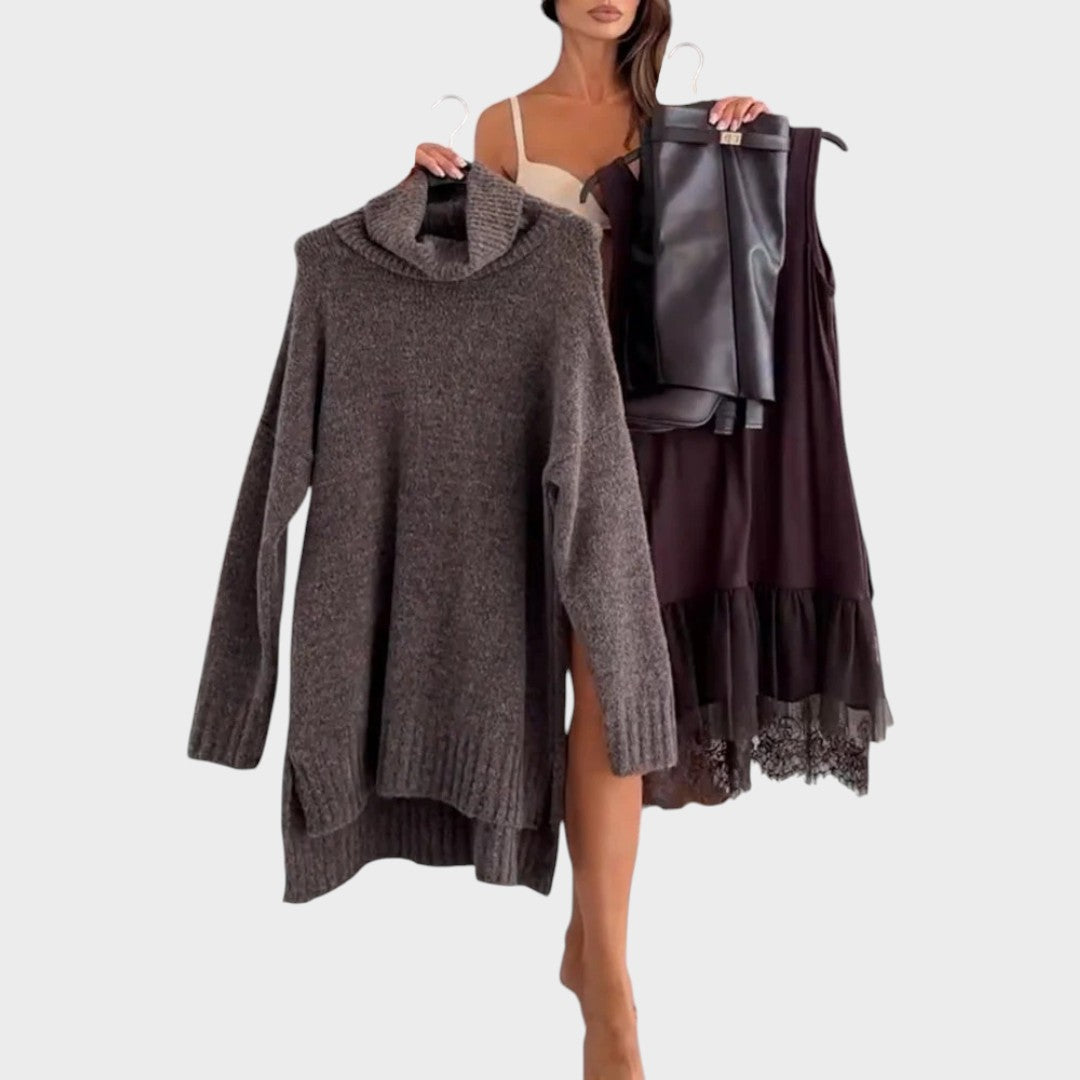 Bonnie - Oversized Strick- und Spitzenkleid-Set