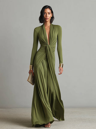Oliv Maxi Kleid V-Ausschnitt
