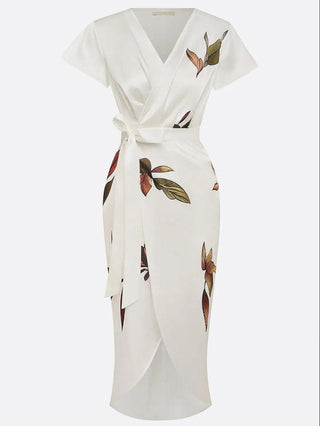 Judy | Weißes Leaf Kurzarm Satin Midi Kleid