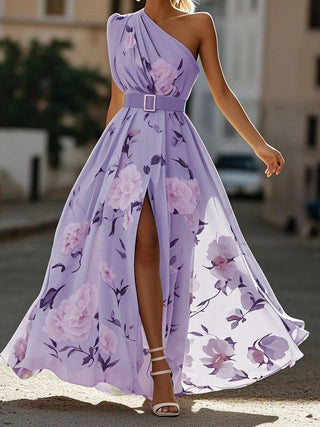 Julie | Hellgrünes Floral Chiffon Ein-Schulter Maxikleid