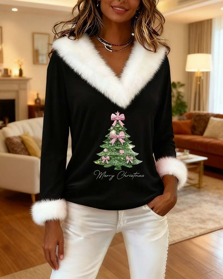 Louella | V-Ausschnitt-Pullover mit Weihnachtsbaum-Print