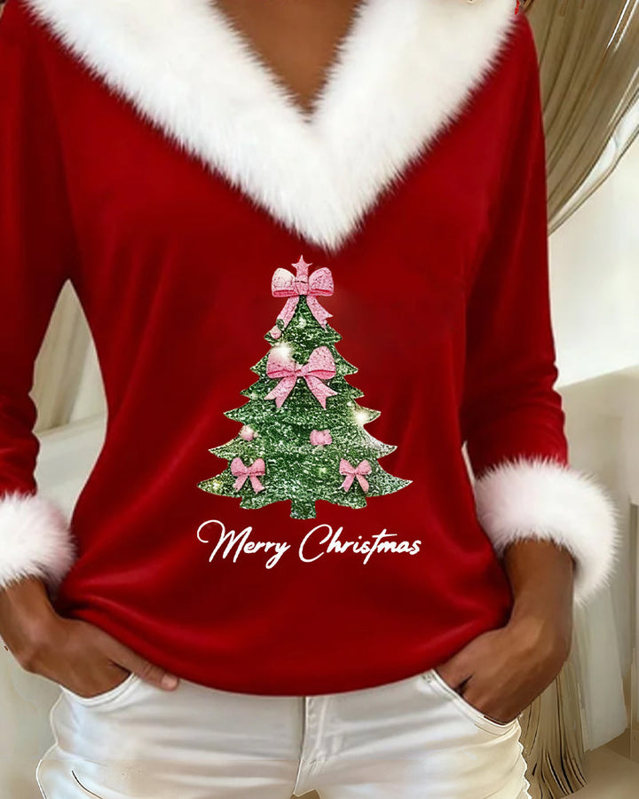 Louella | V-Ausschnitt-Pullover mit Weihnachtsbaum-Print