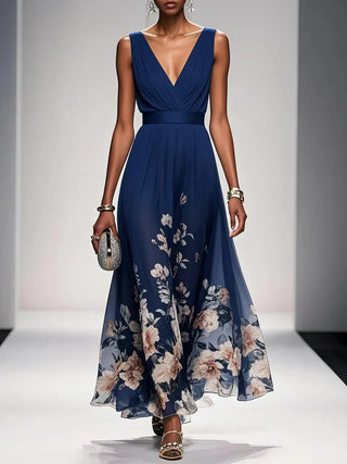 Rose | Hellblaues Floral Chiffon V-Ausschnitt Maxikleid