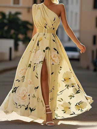 Julie | Hellgrünes Floral Chiffon Ein-Schulter Maxikleid