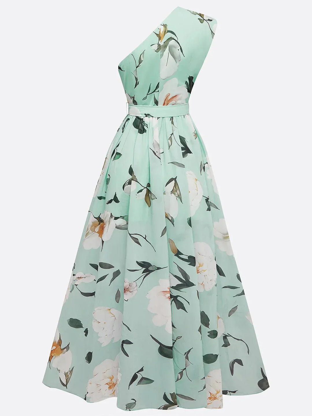 Julie | Hellgrünes Floral Chiffon Ein-Schulter Maxikleid