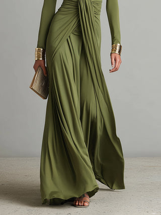 Oliv Maxi Kleid V-Ausschnitt