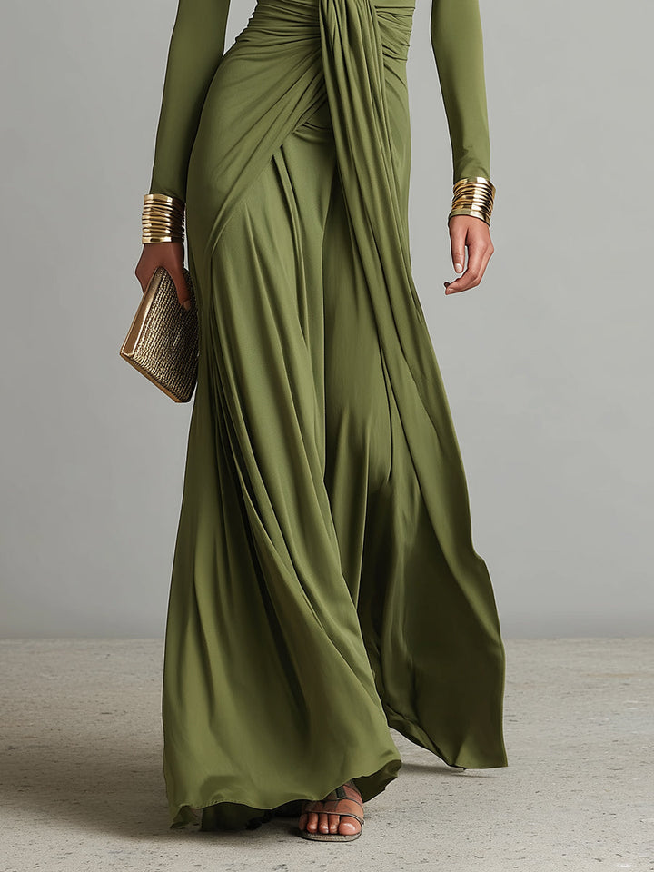Oliv Maxi Kleid V-Ausschnitt