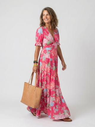 Ione | Kurzärmliges V-Ausschnitt Blumen-Midi-Kleid