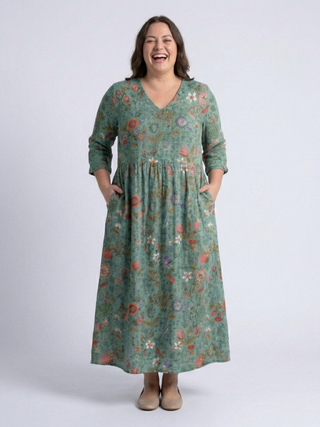 Marina | Florales V-Ausschnitt Maxikleid mit Dreiviertelärmel