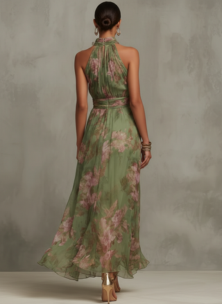 Florenz | Grünes Blumenschiffon-Haltermaxikleid