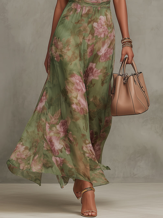 Florenz | Grünes Blumenschiffon-Haltermaxikleid