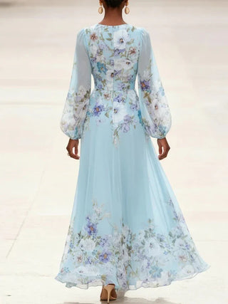 Mia | Hellblaues Floral Chiffon V-Ausschnitt Maxikleid