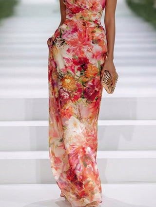 Fae | Rotes Chiffon Floral Ärmelloses Maxikleid