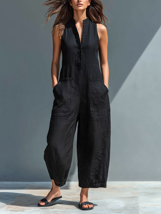Larson - Ärmellose minimalistische Latzhose aus für Damen mit hohem Kragen und Knöpfen