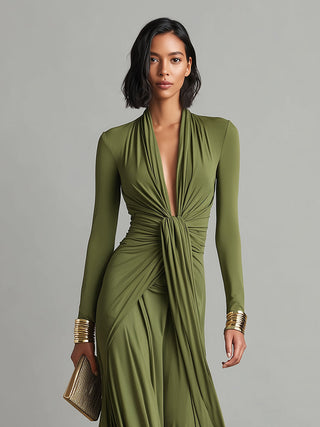 Oliv Maxi Kleid V-Ausschnitt