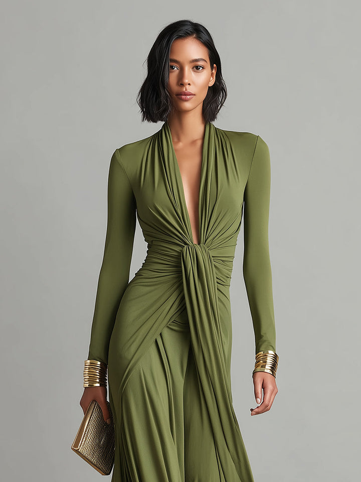 Oliv Maxi Kleid V-Ausschnitt