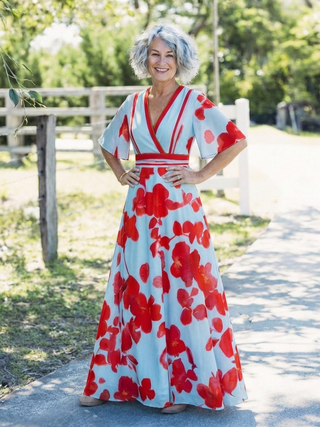 Corinne | V-Ausschnitt Kurzarm Blumen Maxikleid
