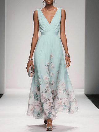 Rose | Hellblaues Floral Chiffon V-Ausschnitt Maxikleid