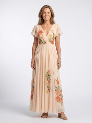 Calista | V-Ausschnitt Kurzarm Falten Maxi Kleid