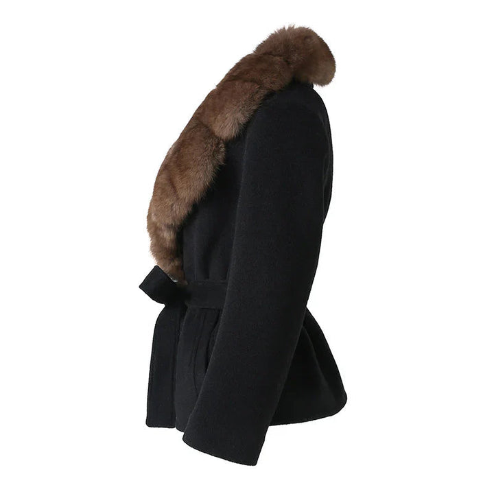 Schwarzer Plüsch Kunstfell Gürtel-Mantel für Damen - Statement-Stil